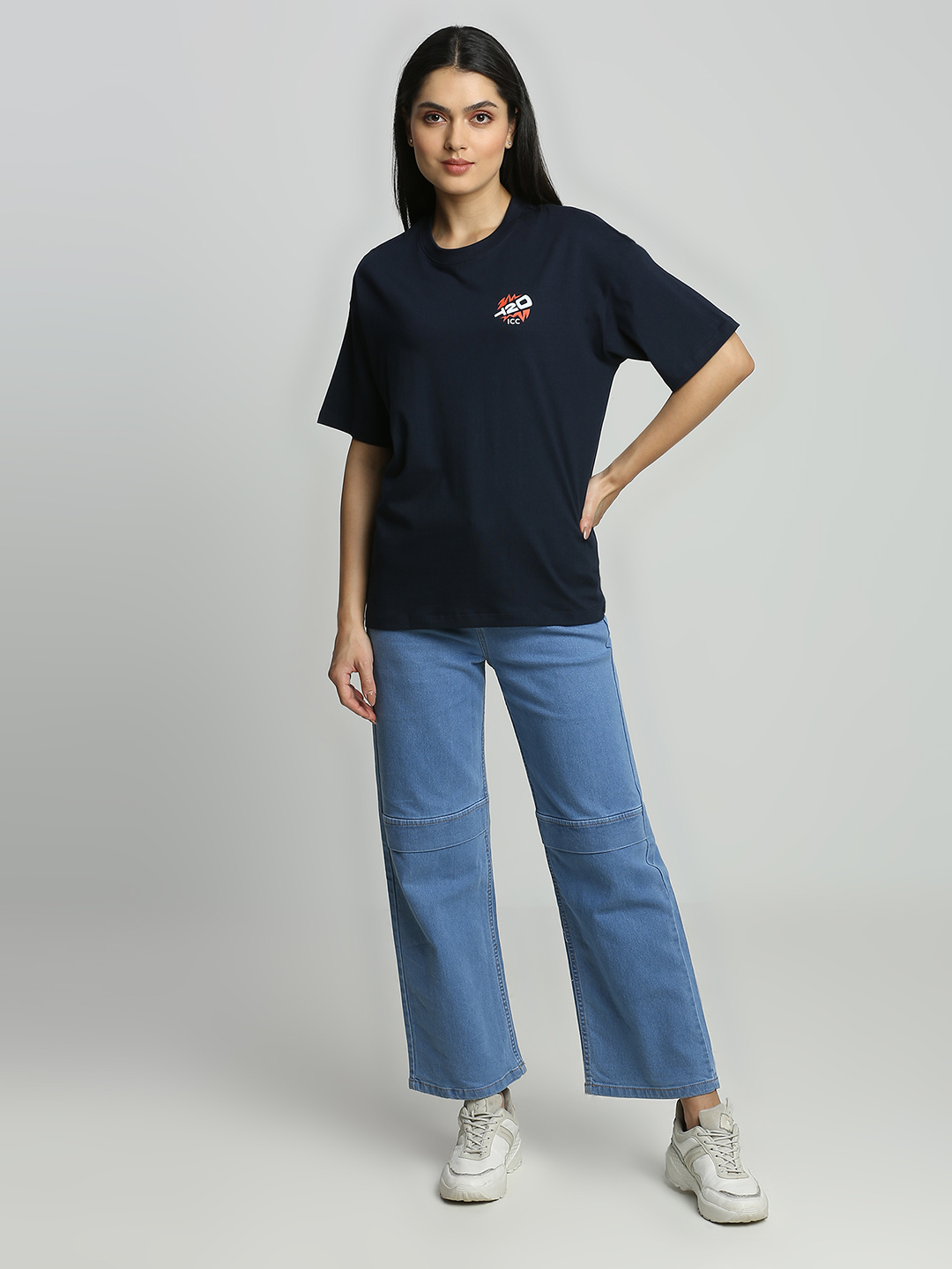 India ICC Women's T20 WC-24 Navy Blue Typography Printed Oversized T-Shirt (7)