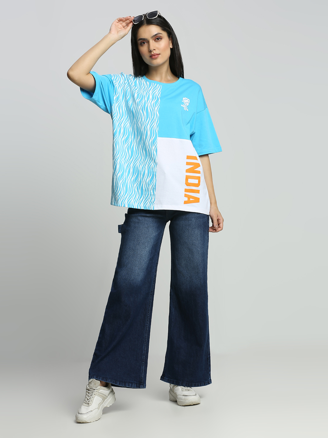 India ICC Women's T20 WC-24 White and Blue Colourblocked Oversized Cotton T-Shirt (5)