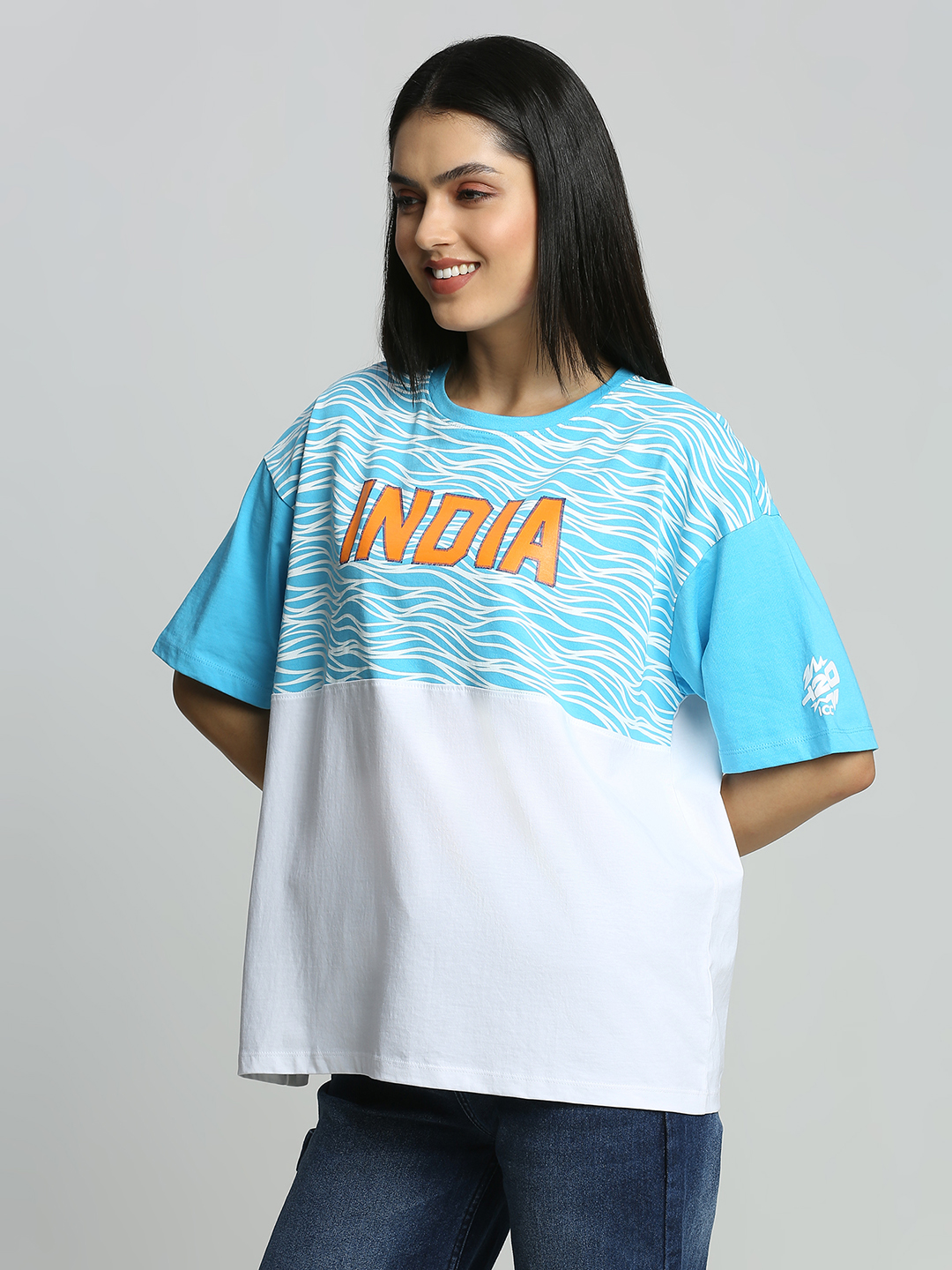 India ICC Women's T20 WC-24 White and Blue Colourblocked Oversized Cotton T-Shirt (2)