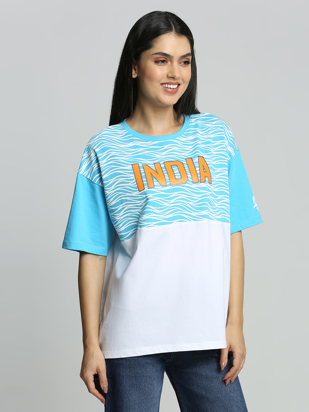 India ICC Women's T20 WC-24 White and Blue Colourblocked Oversized Cotton T-Shirt (3)