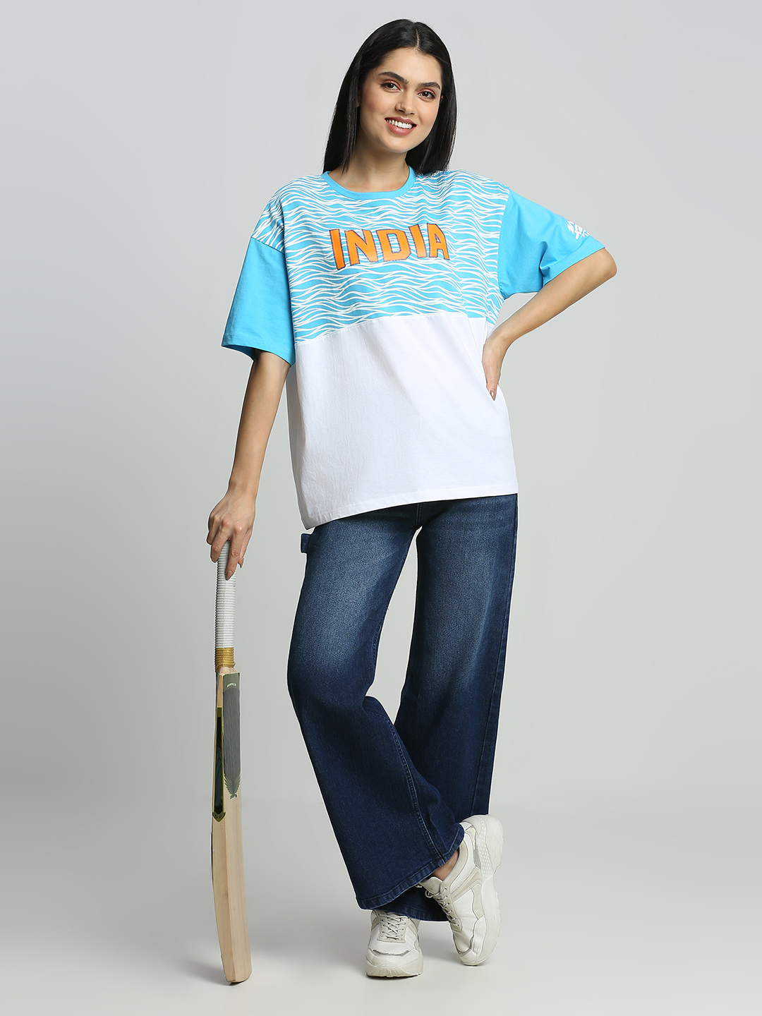 India ICC Women's T20 WC-24 White and Blue Colourblocked Oversized Cotton T-Shirt (5)