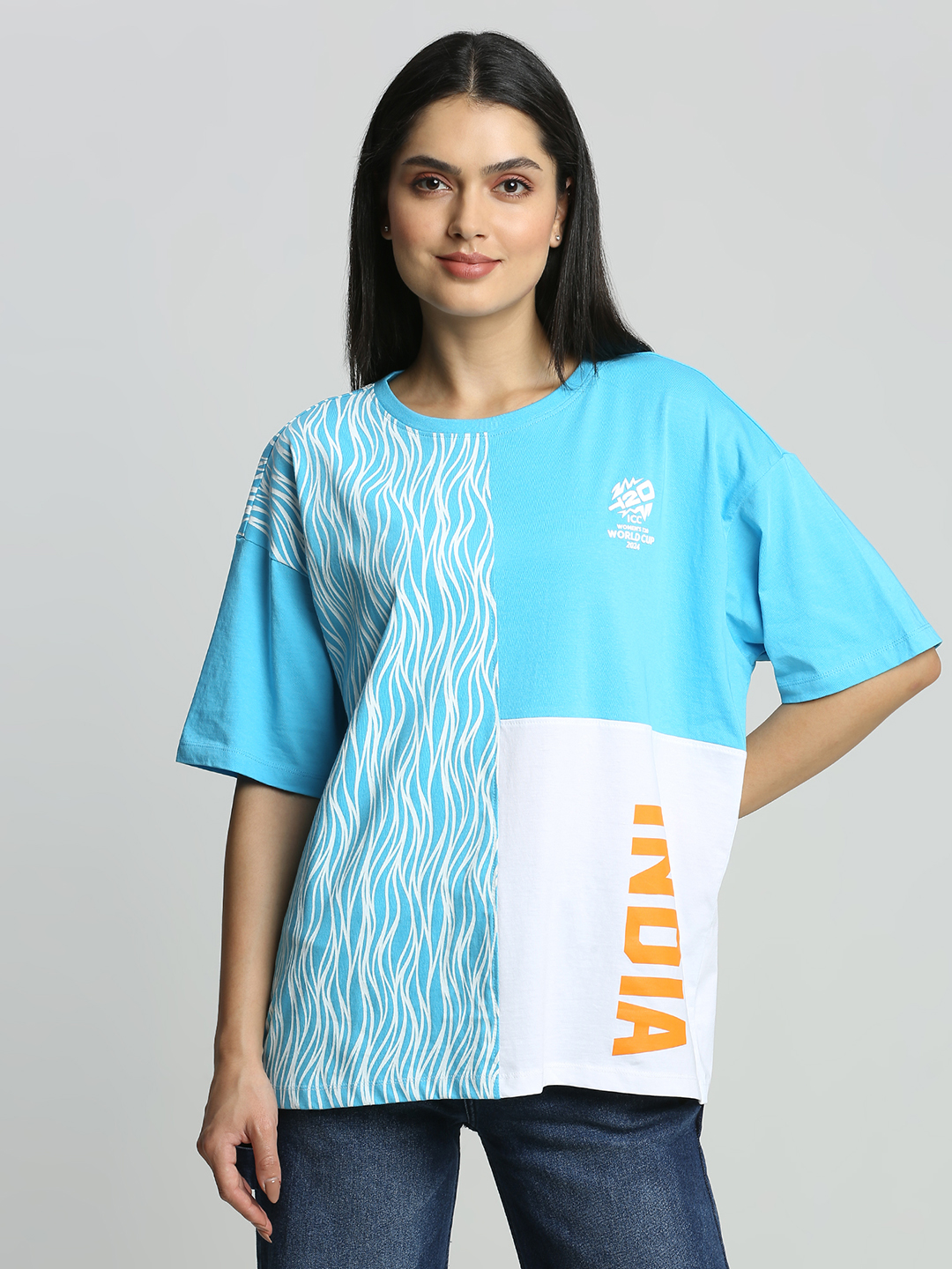 ICC Women's T20 WC-24 White and Blue Colourblocked Oversized Cotton T-Shirt