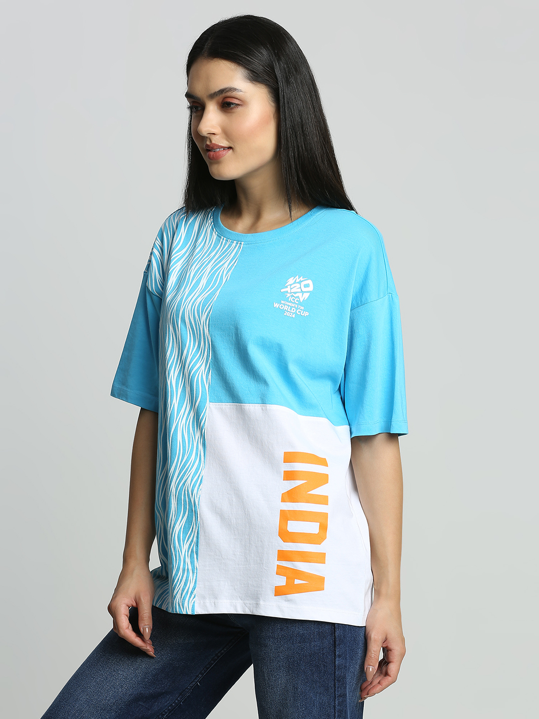India ICC Women's T20 WC-24 White and Blue Colourblocked Oversized Cotton T-Shirt (2)