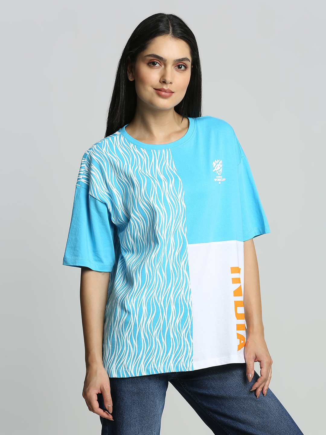 India ICC Women's T20 WC-24 White and Blue Colourblocked Oversized Cotton T-Shirt (3)