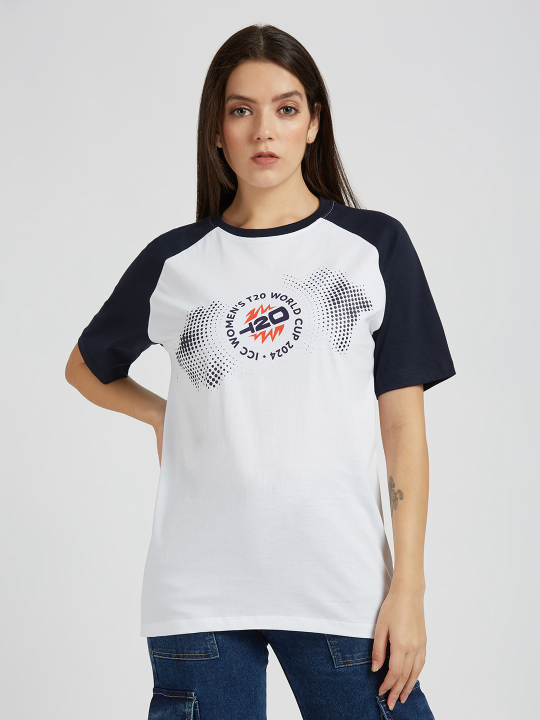 ICC Women's T20 WC-24 White and Navy Blue Graphic Printed Cotton T-Shirt