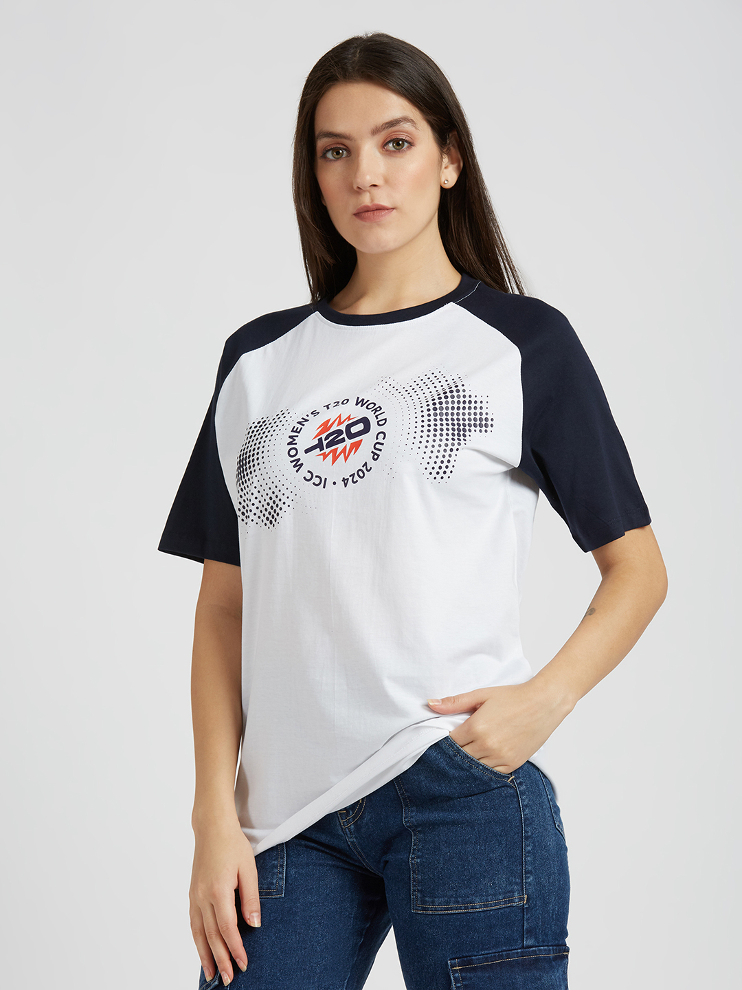 India ICC Women's T20 WC-24 White and Navy Blue Graphic Printed Cotton T-Shirt (2)