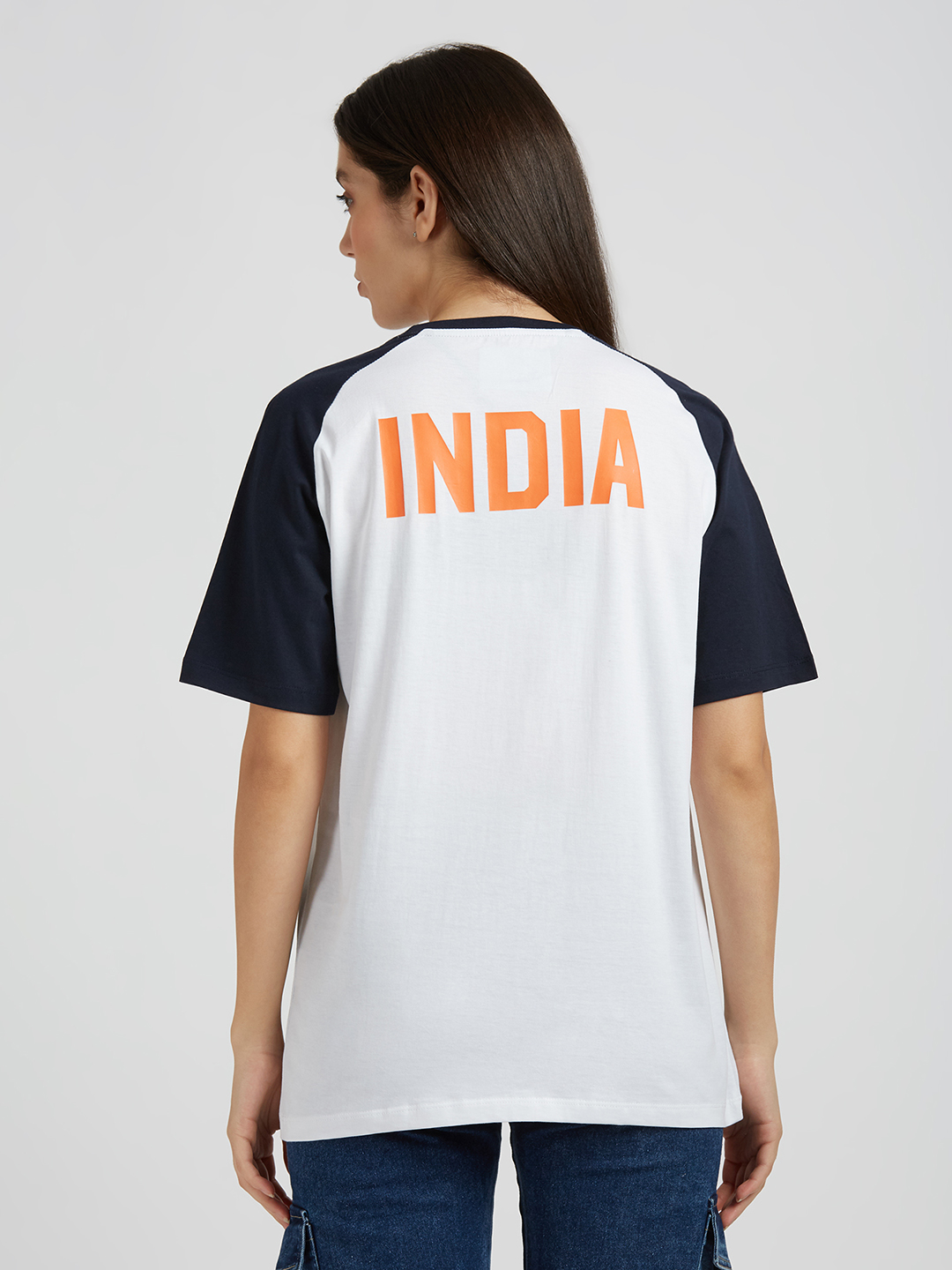 India ICC Women's T20 WC-24 White and Navy Blue Graphic Printed Cotton T-Shirt (4)