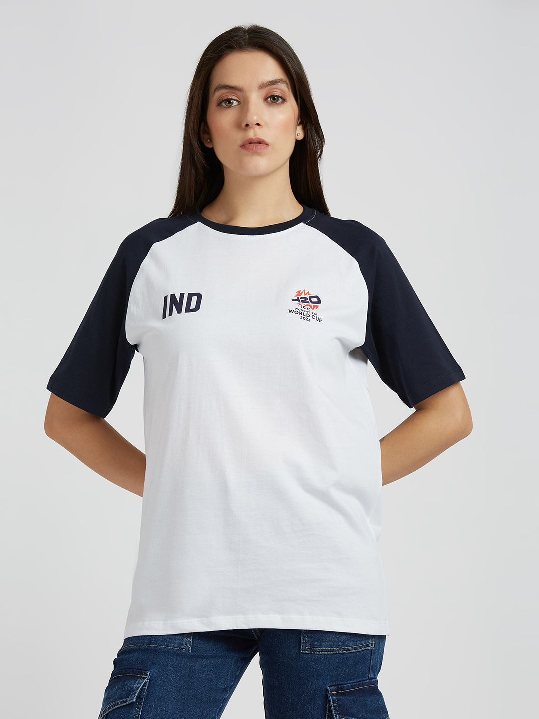 India ICC Women's T20 WC-24 White and Navy Blue Logo Printed Cotton T-Shirt (3)