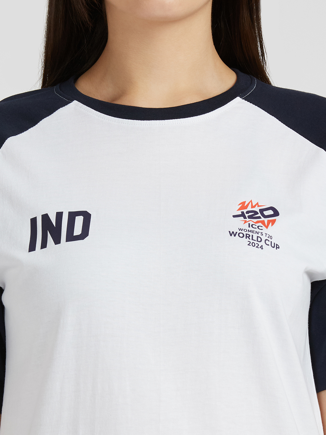 India ICC Women's T20 WC-24 White and Navy Blue Logo Printed Cotton T-Shirt (8)