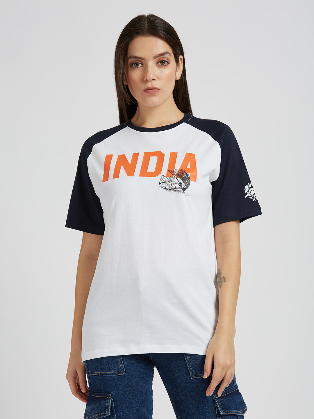 India ICC Women's T20 WC-24 White and Navy Blue Typography Printed Cotton T-Shirt (3)
