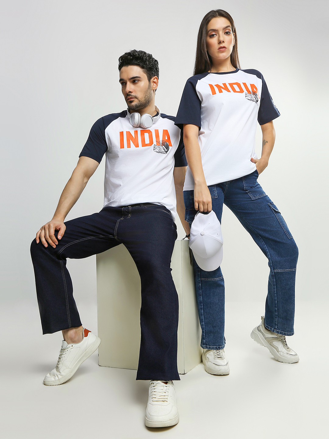 India ICC Women's T20 WC-24 White and Navy Blue Typography Printed Cotton T-Shirt (2)