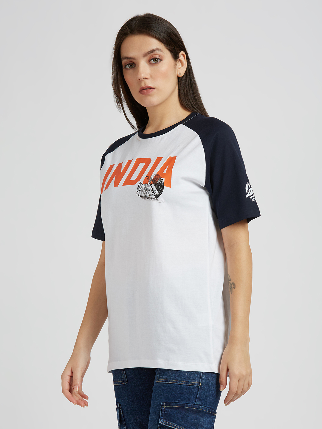 India ICC Women's T20 WC-24 White and Navy Blue Typography Printed Cotton T-Shirt (4)