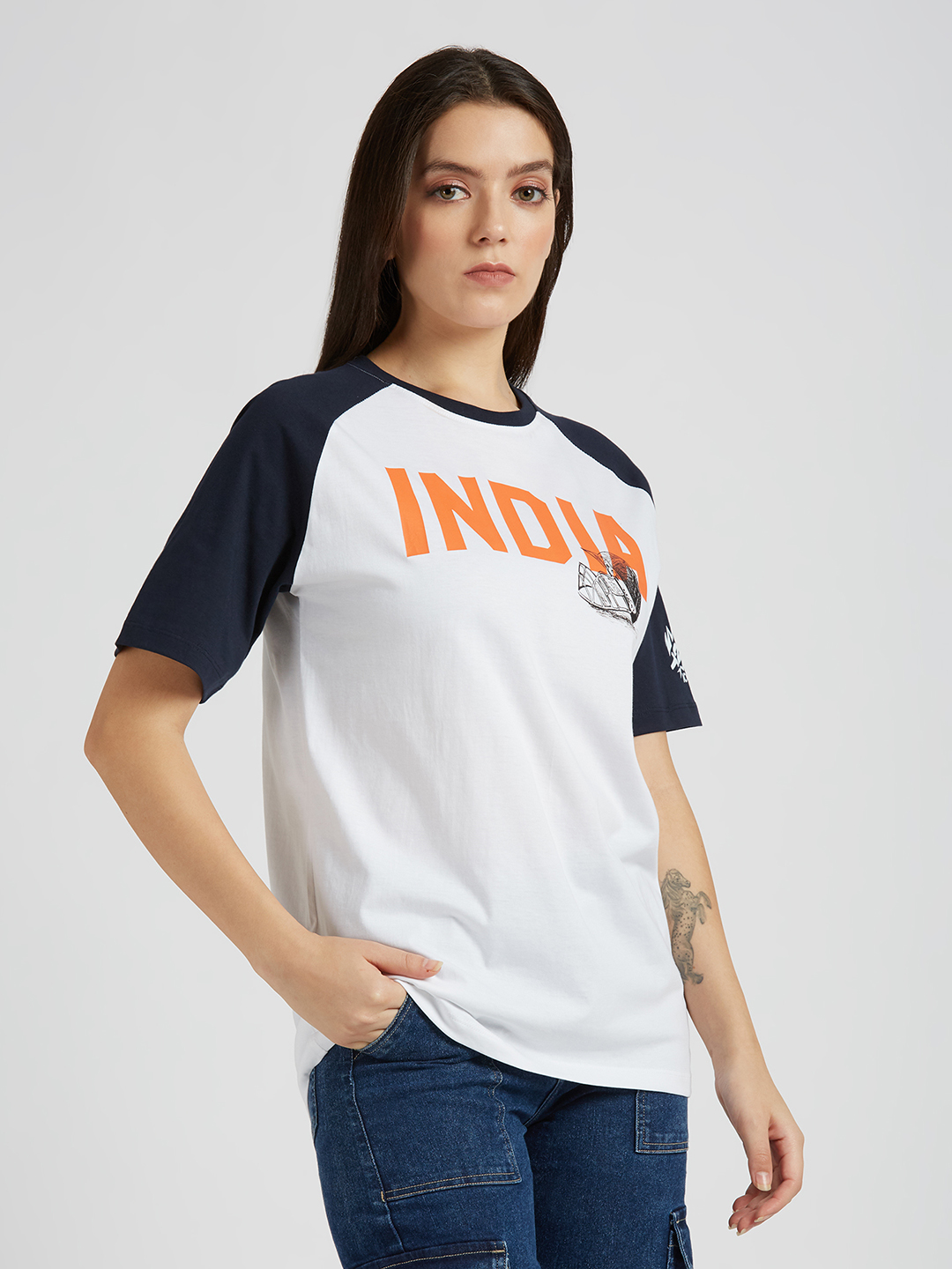 India ICC Women's T20 WC-24 White and Navy Blue Typography Printed Cotton T-Shirt (5)