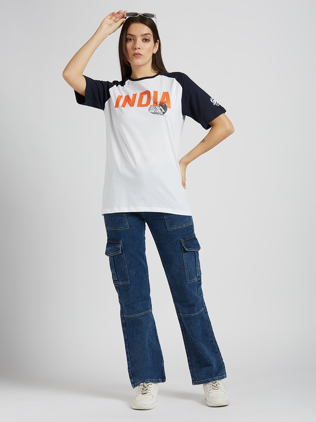 India ICC Women's T20 WC-24 White and Navy Blue Typography Printed Cotton T-Shirt (7)