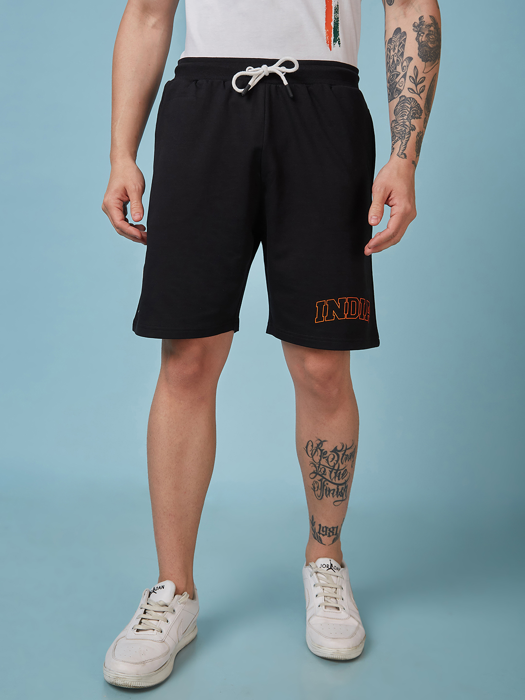 India ICC Champions Trophy 2025 Men Black Logo Printed Mid-Rise Regular Fit Running Shorts