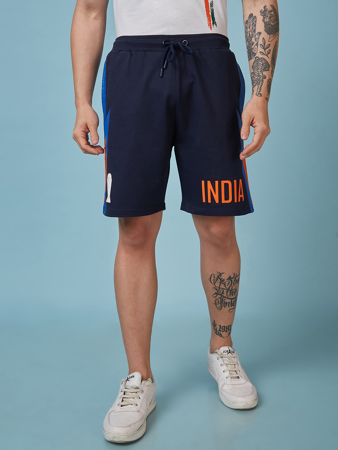 India ICC Champions Trophy 2025 Men Navy Blue Printed Mid-Rise Regular Fit Running Shorts