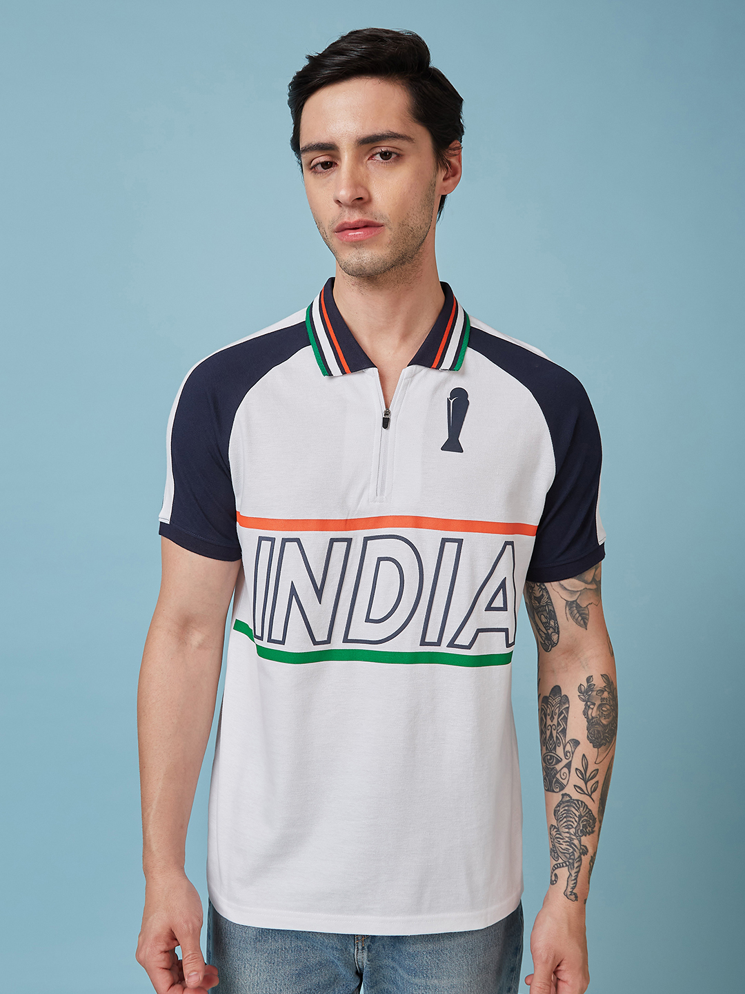ICC Champions Trophy 2025 Men White and Navy Blue Printed Raglan Sleeves Polo Collar Cotton T-Shirt