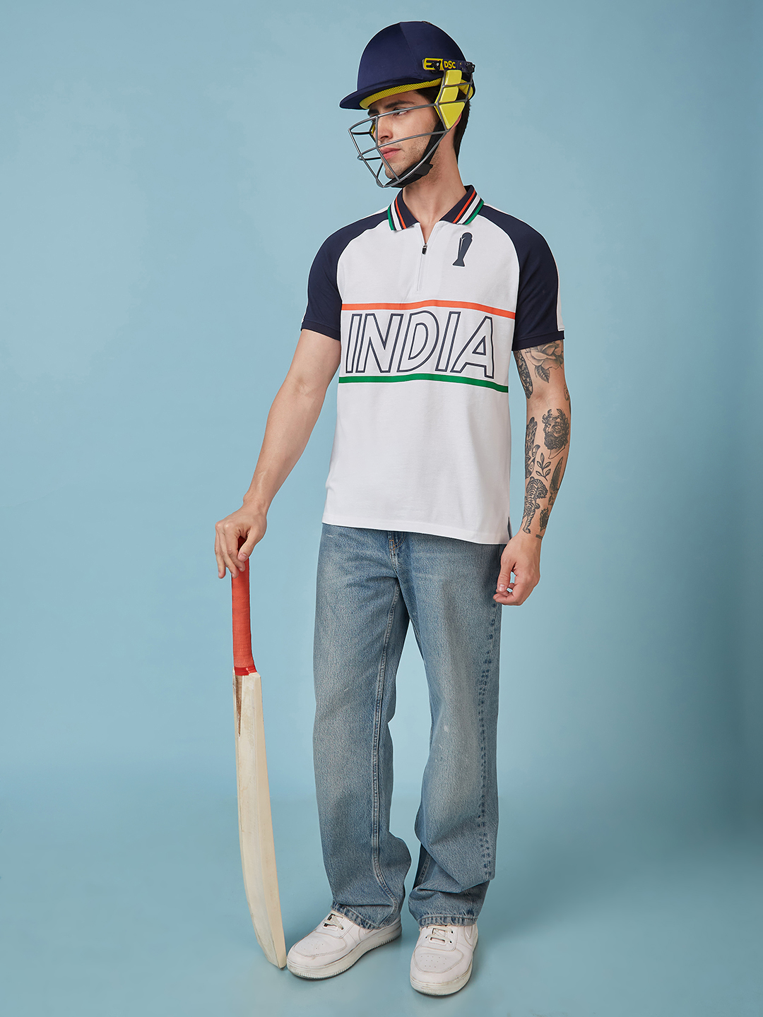 India ICC Champions Trophy 2025 Men White and Navy Blue Printed Raglan Sleeves Polo Collar Cotton T-Shirt (6)