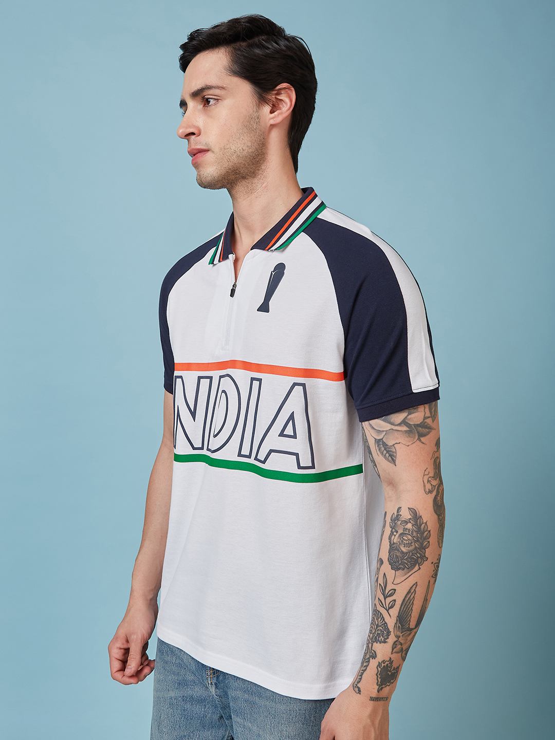 India ICC Champions Trophy 2025 Men White and Navy Blue Printed Raglan Sleeves Polo Collar Cotton T-Shirt (2)