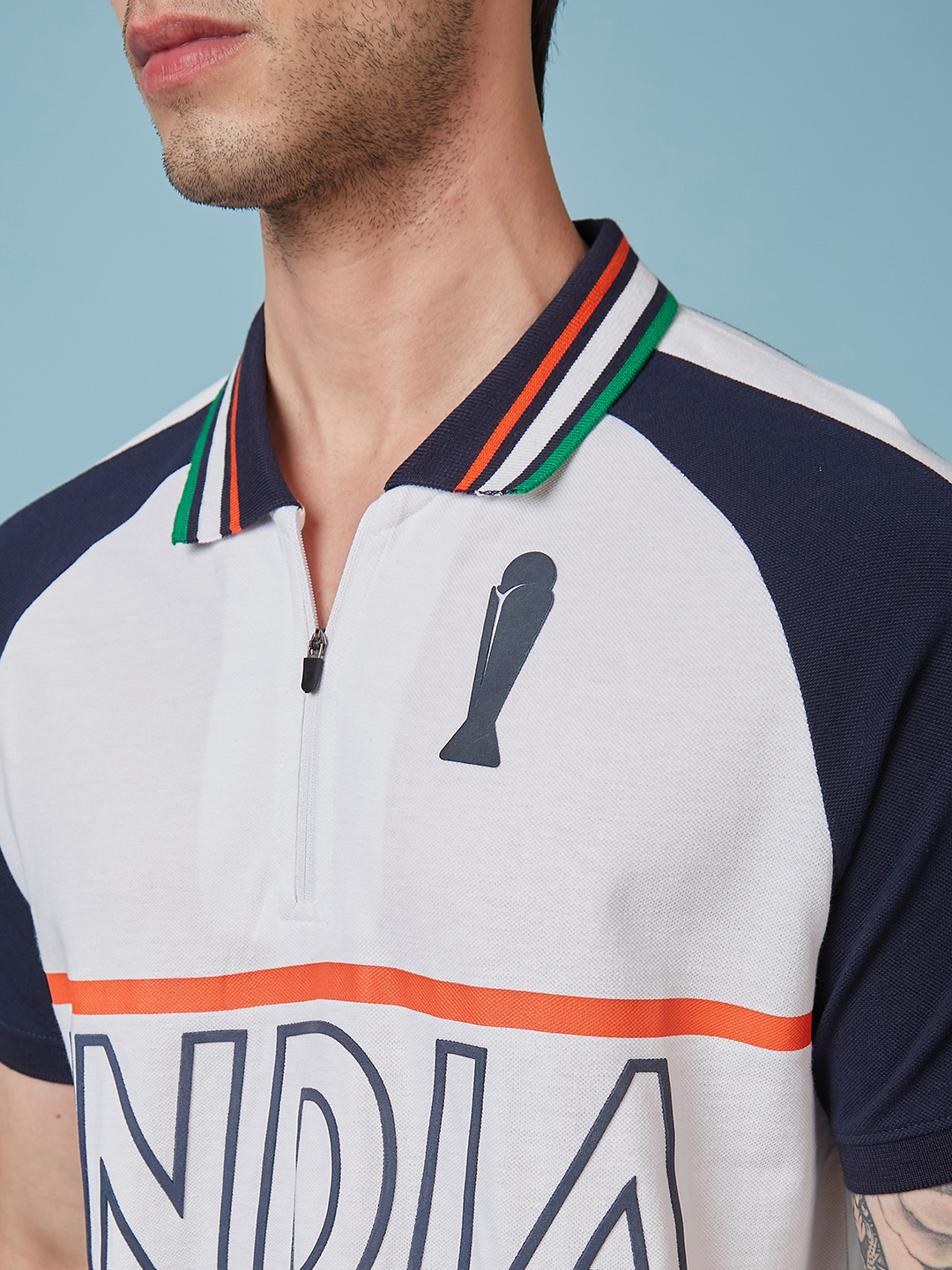 India ICC Champions Trophy 2025 Men White and Navy Blue Printed Raglan Sleeves Polo Collar Cotton T-Shirt (4)