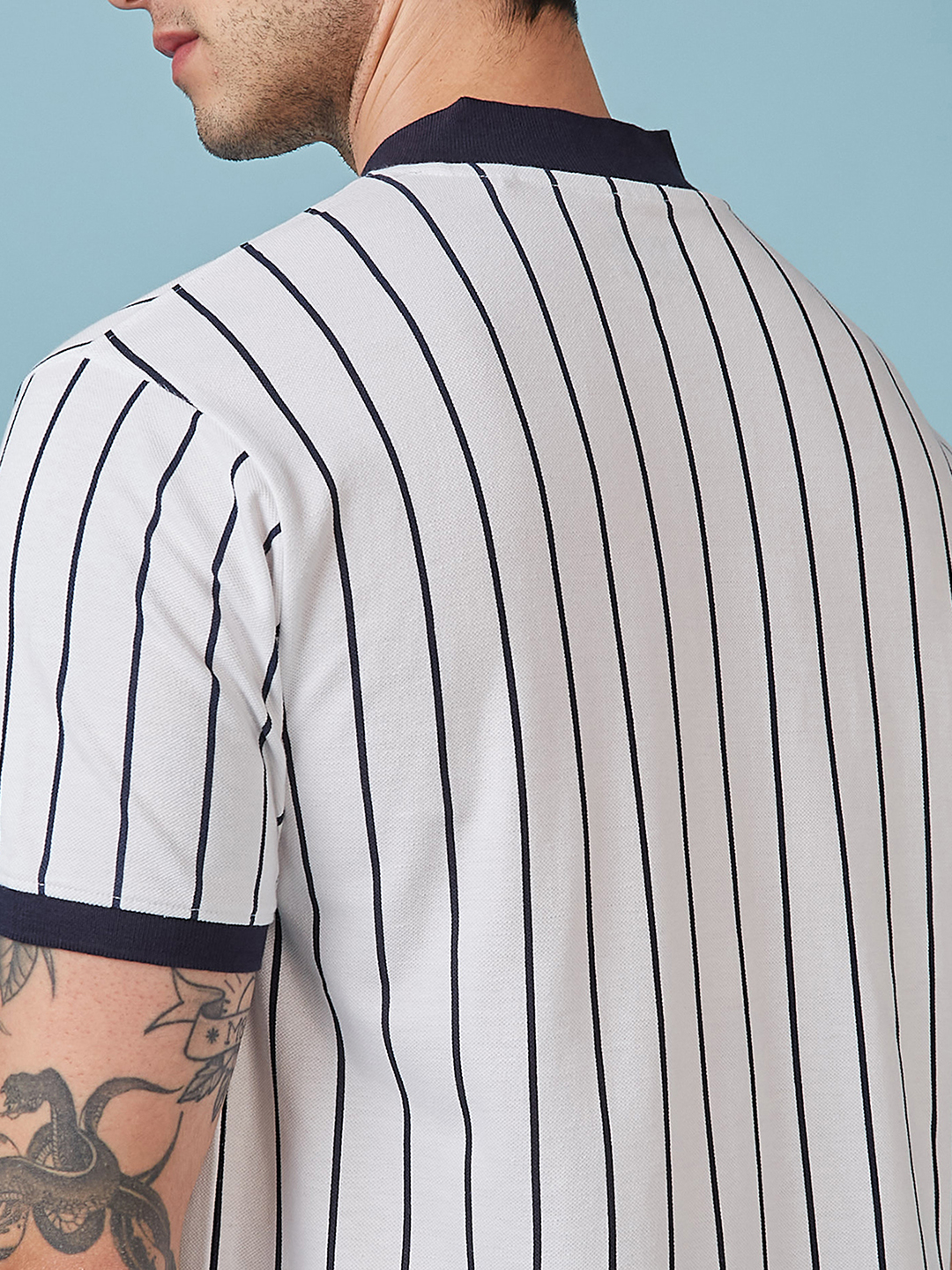 India ICC Champions Trophy 2025 Men White and Navy Blue Striped Half Sleeves Mandarin Collar Cotton T-Shirt (5)