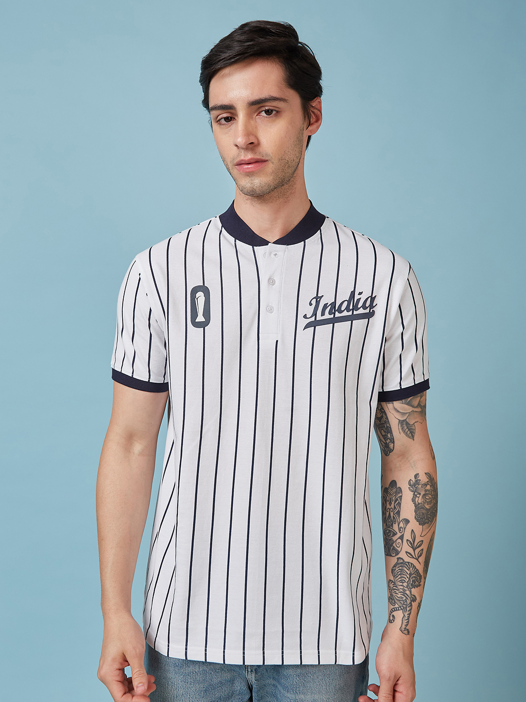 ICC Champions Trophy 2025 Men White and Navy Blue Striped Half Sleeves Mandarin Collar Cotton T-Shirt
