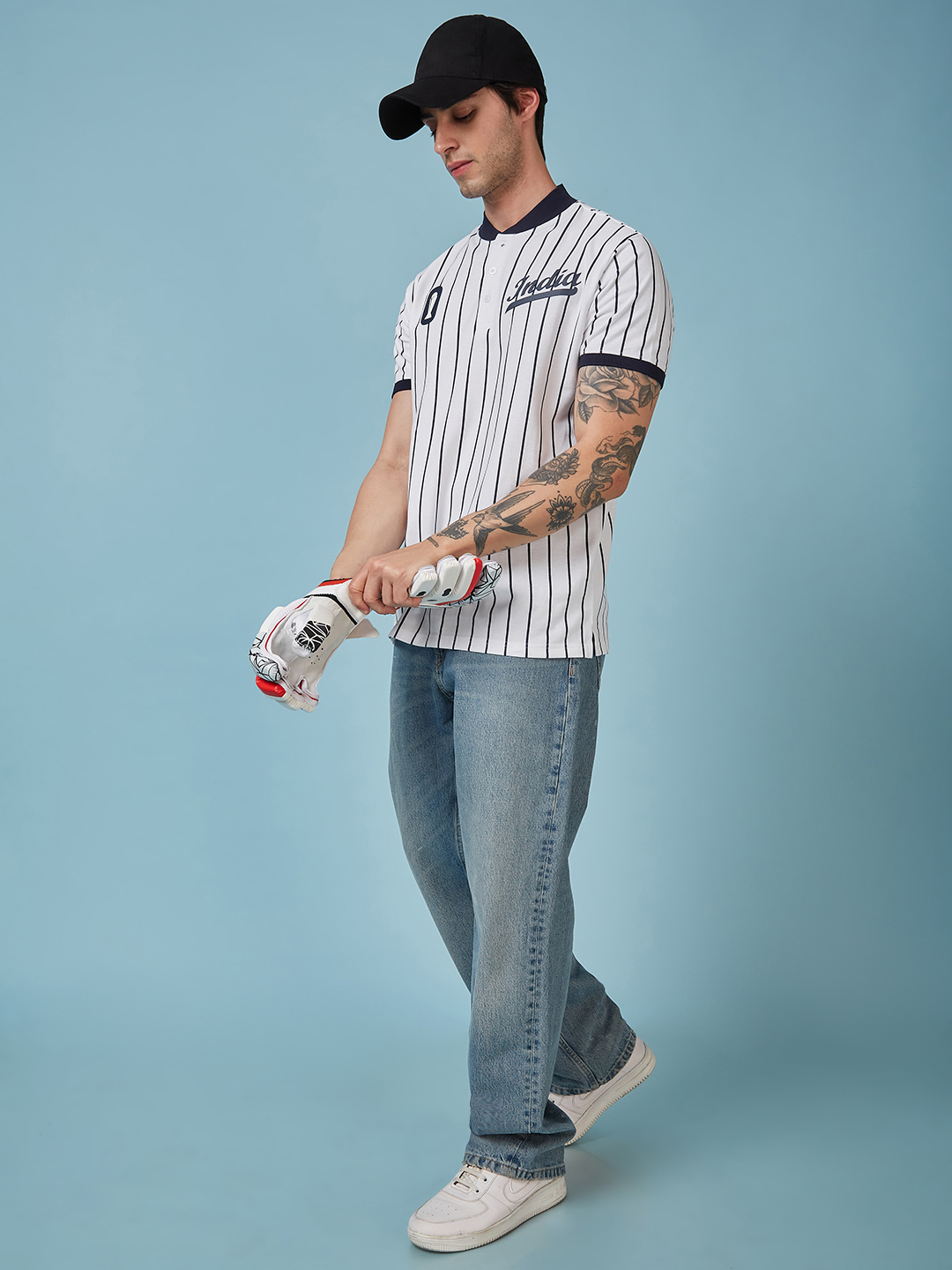 India ICC Champions Trophy 2025 Men White and Navy Blue Striped Half Sleeves Mandarin Collar Cotton T-Shirt (6)