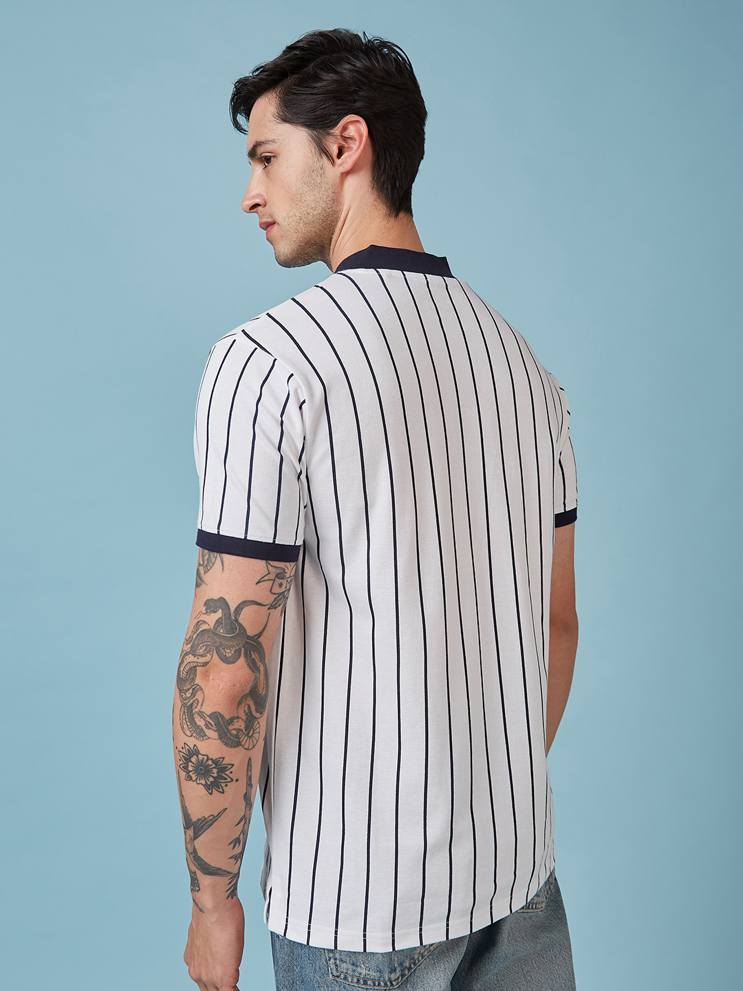 India ICC Champions Trophy 2025 Men White and Navy Blue Striped Half Sleeves Mandarin Collar Cotton T-Shirt (3)