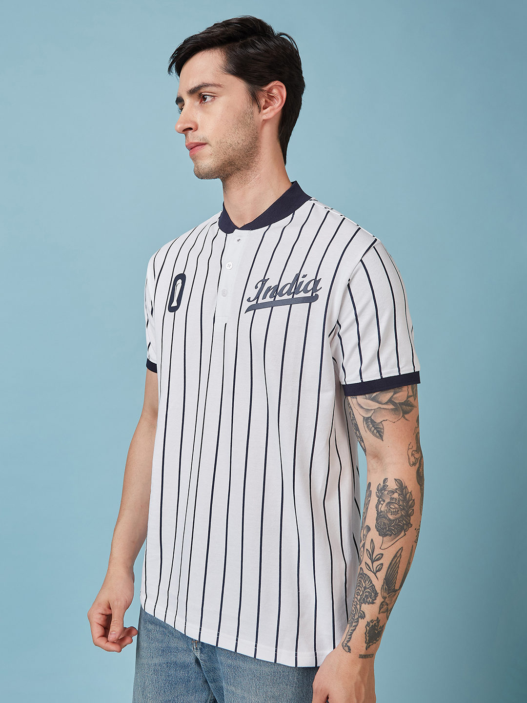 India ICC Champions Trophy 2025 Men White and Navy Blue Striped Half Sleeves Mandarin Collar Cotton T-Shirt (2)