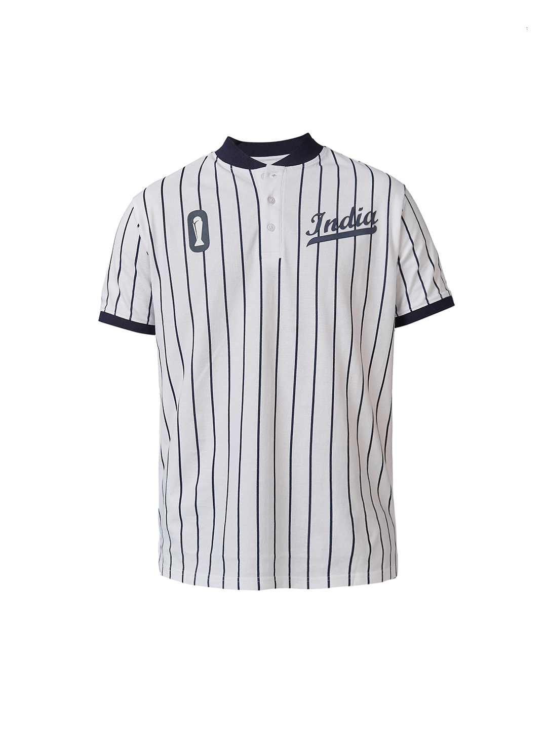 India ICC Champions Trophy 2025 Men White and Navy Blue Striped Half Sleeves Mandarin Collar Cotton T-Shirt (7)