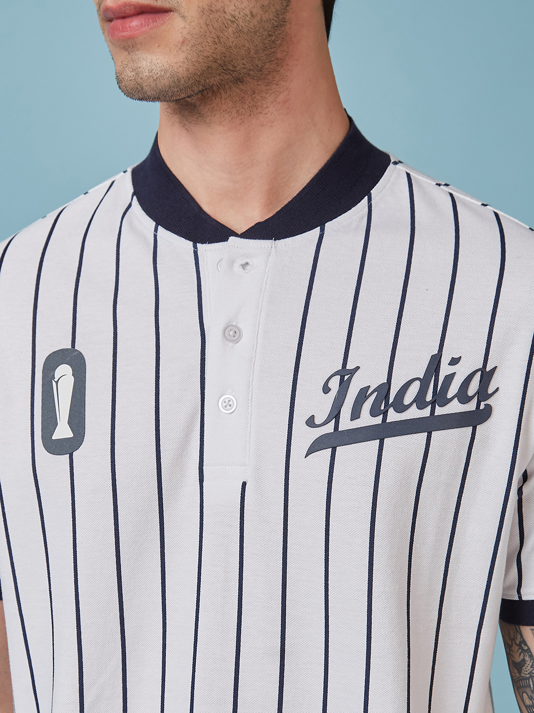 India ICC Champions Trophy 2025 Men White and Navy Blue Striped Half Sleeves Mandarin Collar Cotton T-Shirt (4)