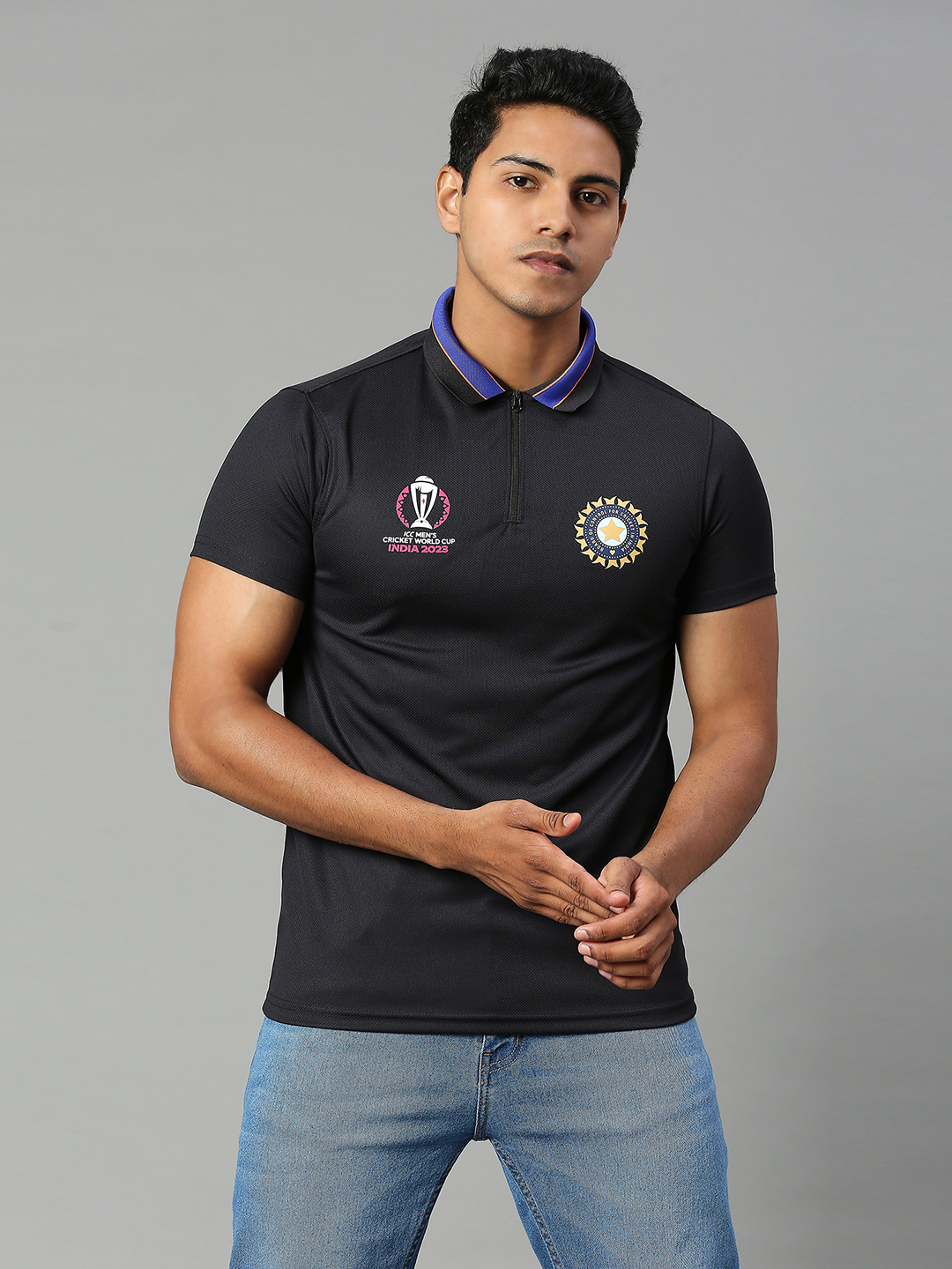Official ICC CWC-23 Men Black Printed Polo Collar Polos