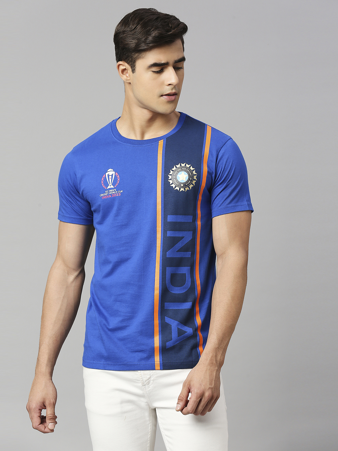 India Official ICC CWC-23 Men Blue and Orange Striped Cotton Round Neck T-Shirt