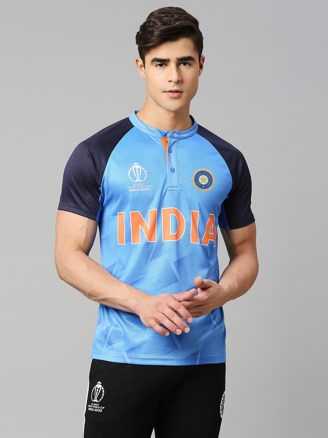 India Official ICC CWC-23 Men Blue Colour Block Logo Printed Polo Collar T-Shirt (1)