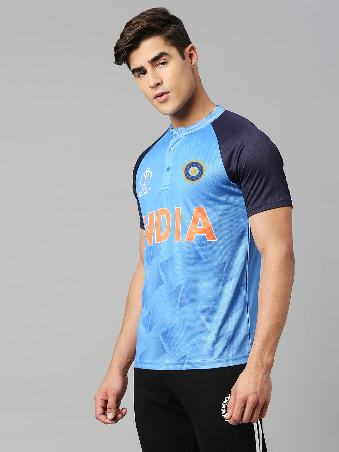 India Official ICC CWC-23 Men Blue Colour Block Logo Printed Polo Collar T-Shirt (3)