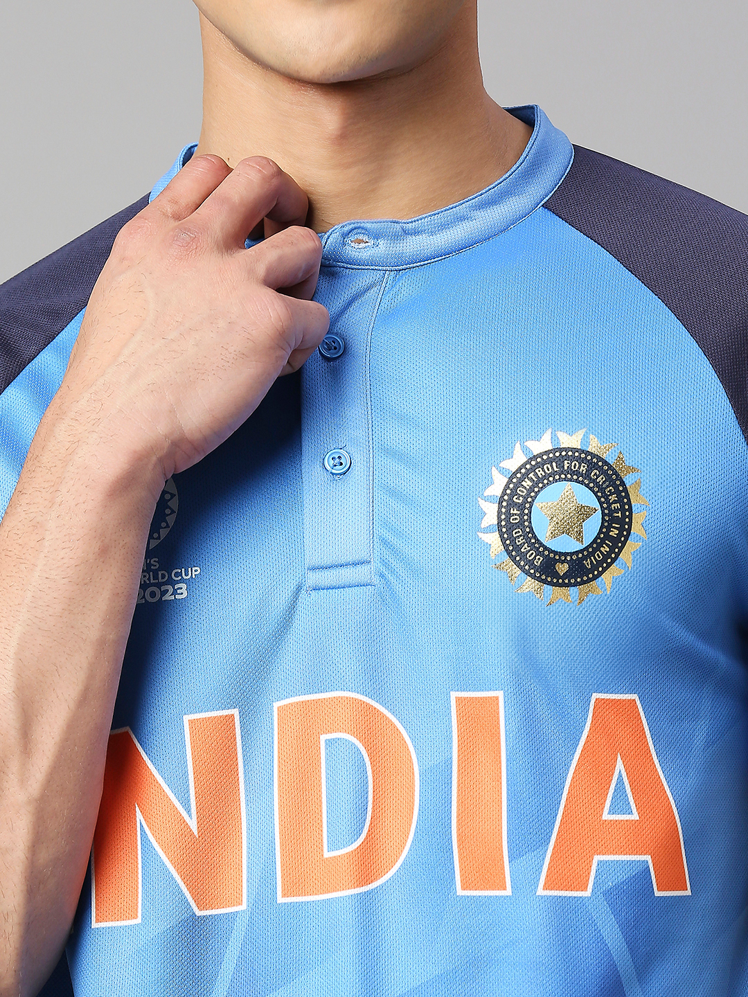 India Official ICC CWC-23 Men Blue Colour Block Logo Printed Polo Collar T-Shirt (7)