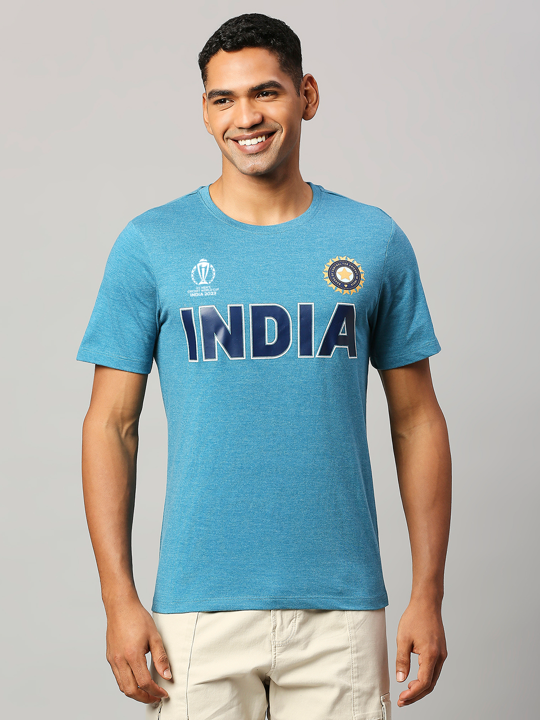 India Official ICC CWC-23 Men Blue Melange Short Sleeves Polycotton Round Neck T-Shirt