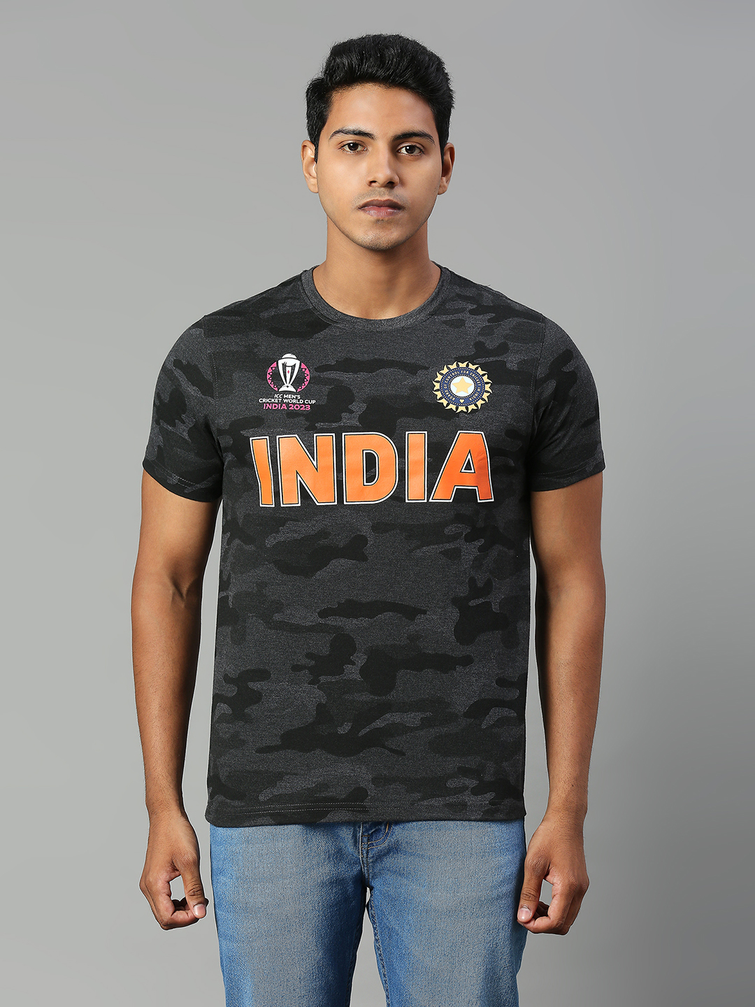 Official ICC CWC-23 Men Camo Black Printed Round Neck T-Shirts