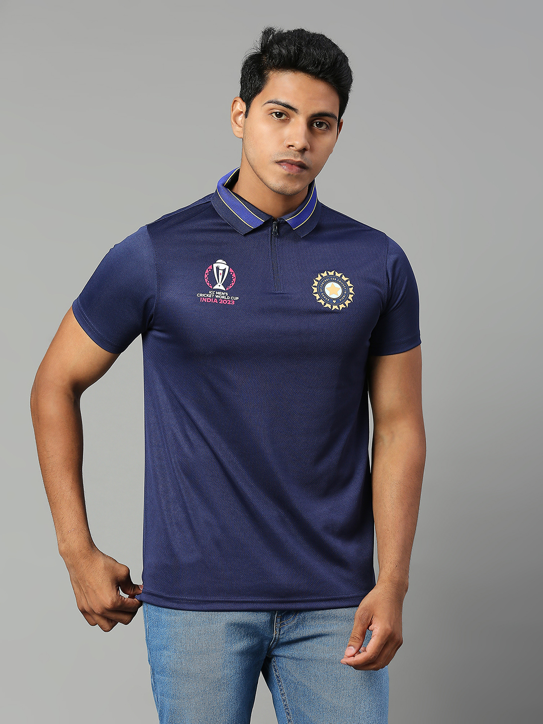 India Official ICC CWC-23 Men Dark Blue Printed Polo Collar Polos (1)