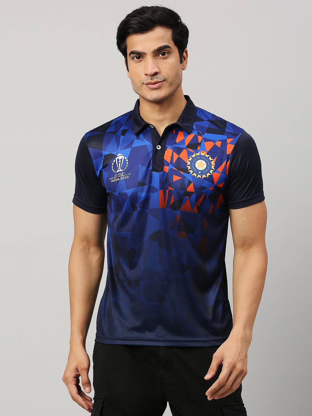India Official ICC CWC-23 Men Navy Blue Printed Short Sleeves Polo Collar T-Shirt (1)