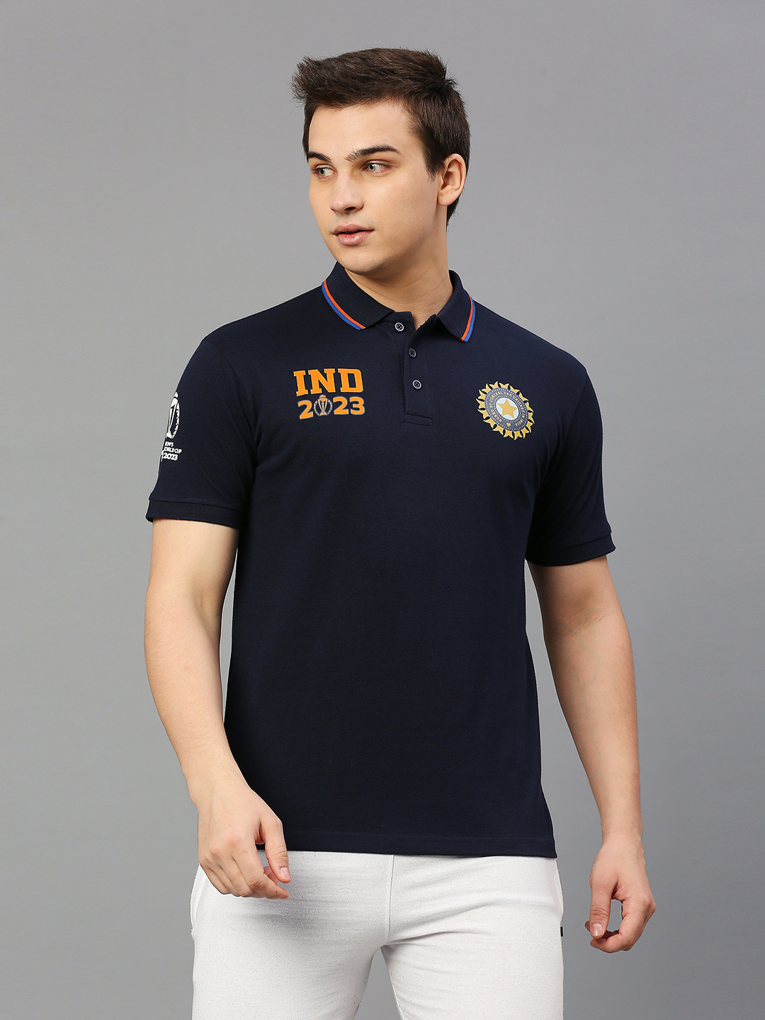 India Official ICC CWC-23 Men Navy Blue Solid Short Sleeves Polo Collar T-Shirt (1)