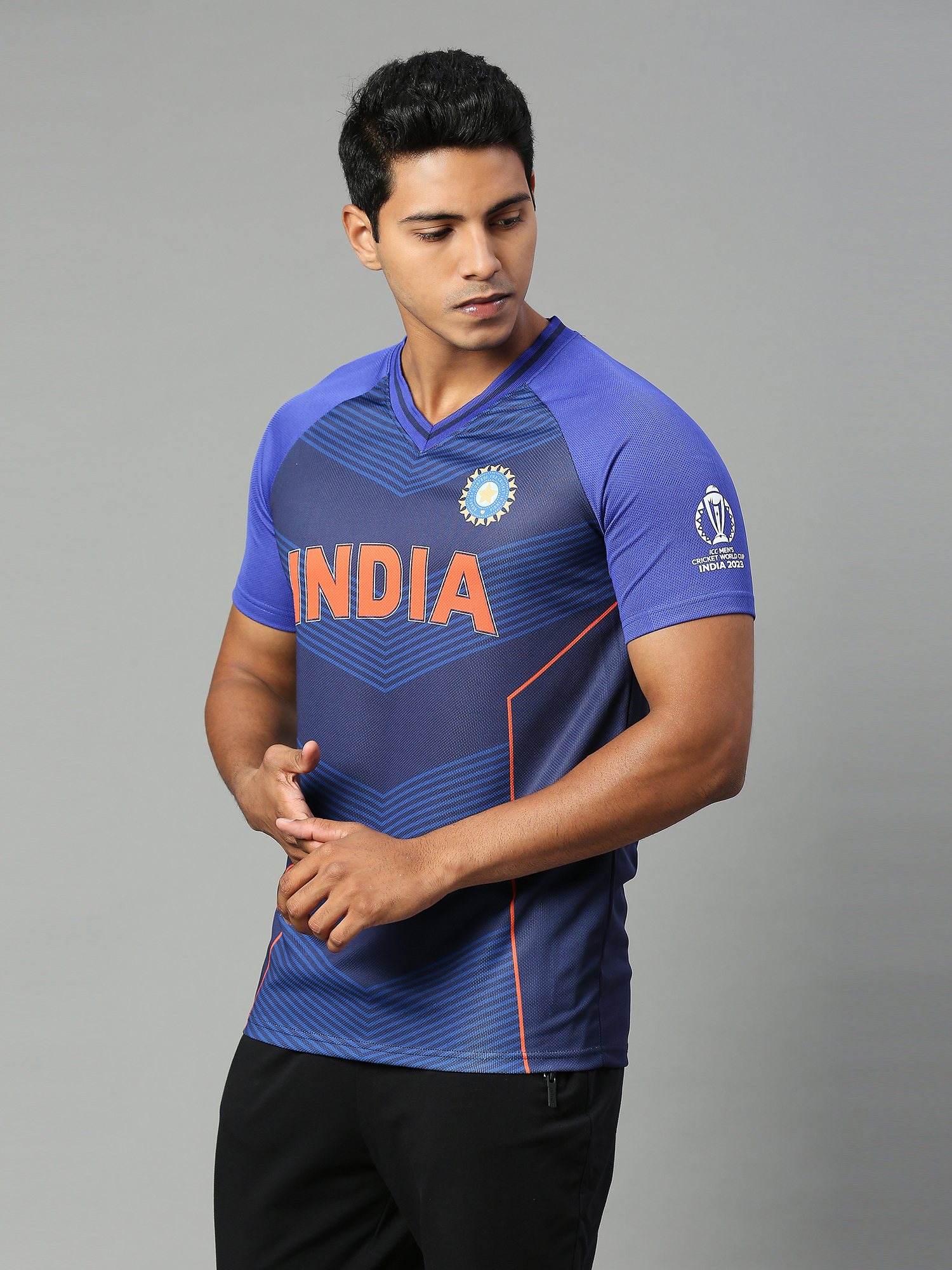 India Official ICC CWC-23 Men Navy Blue Printed V-Neck T-Shirts (3)