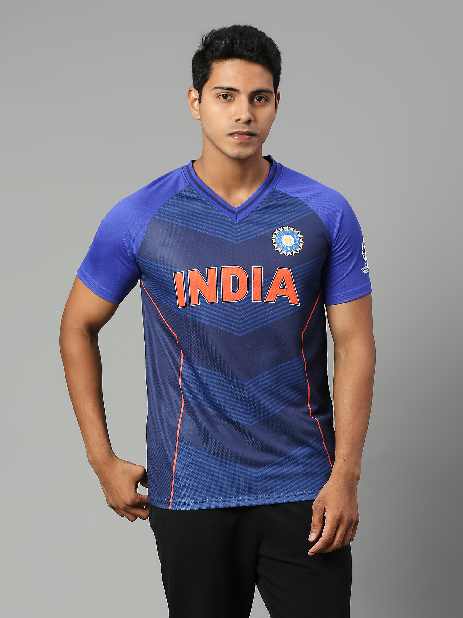 Official ICC CWC-23 Men Navy Blue Printed V-Neck T-Shirts