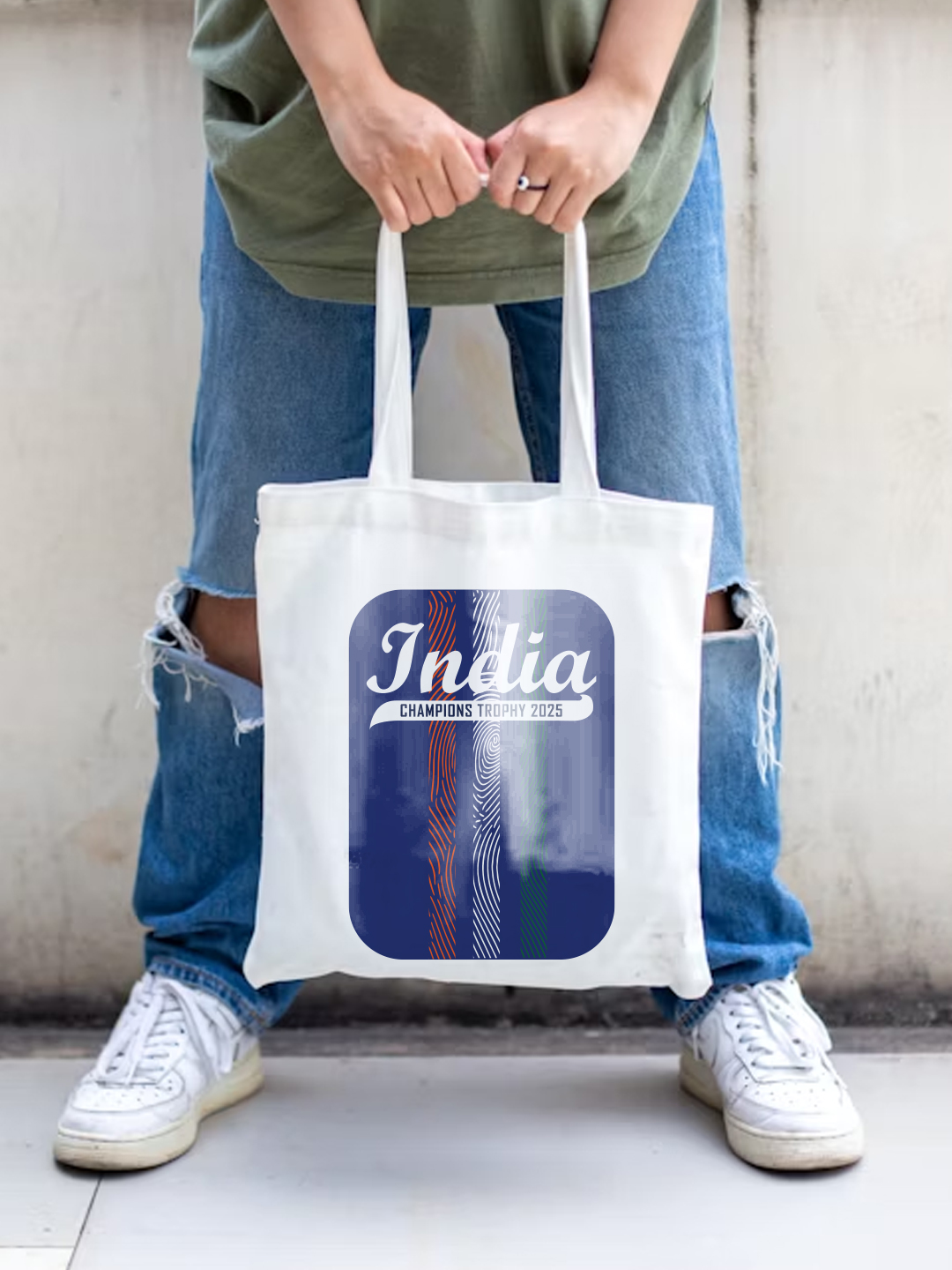 India ICC Champions Trophy 2025 - Printed Canvas Casual Tote Bag, Stylish Handbag For Men and Women - Pack of 1 (White/B (3)