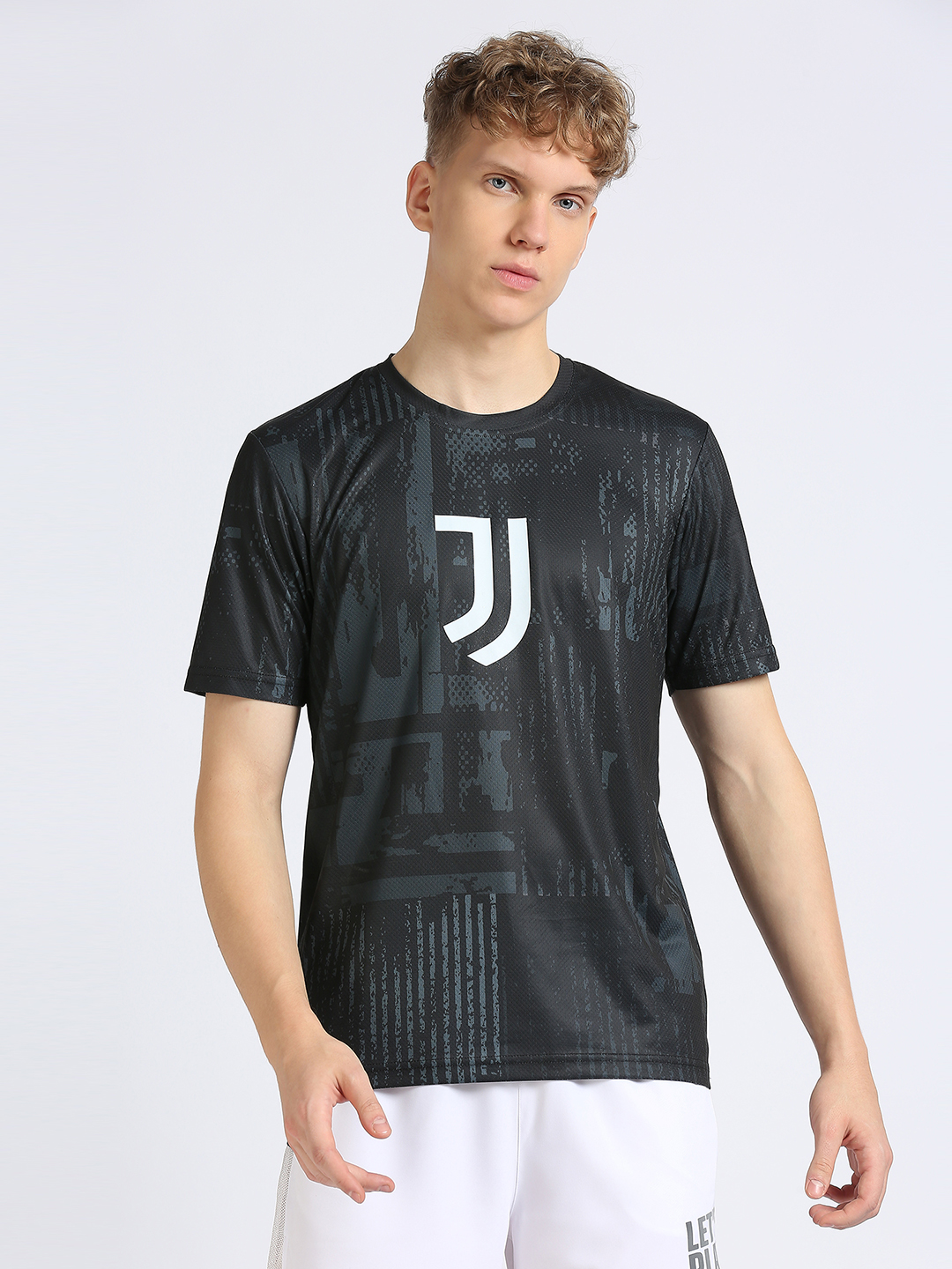 Men Black and White Typography Logo Printed Round Neck Cotton T-shirt