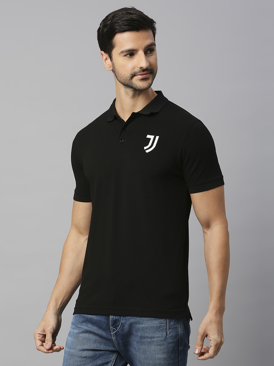 Juventus F.C. Men Black Printed Short Sleeves Solid Polo Neck Cotton T-shirt (3)