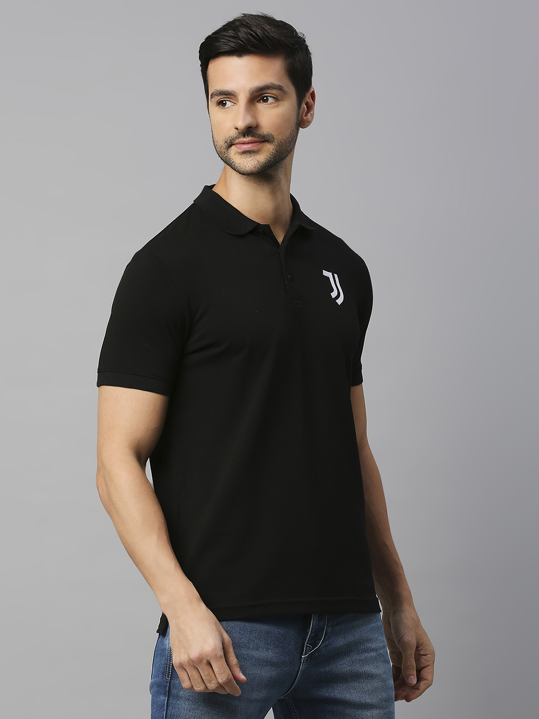 Juventus F.C. Men Black Printed Short Sleeves Solid Polo Neck Cotton T-shirt (4)