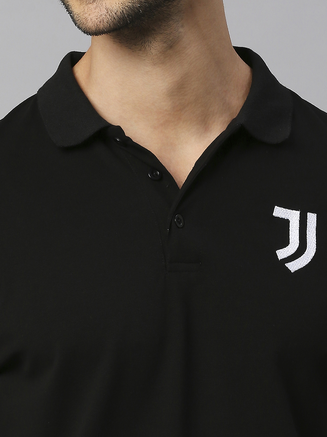 Juventus F.C. Men Black Printed Short Sleeves Solid Polo Neck Cotton T-shirt (6)