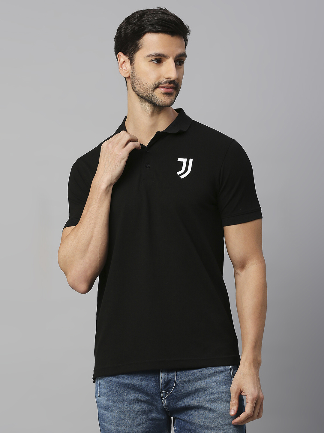 Men Black Printed Short Sleeves Solid Polo Neck Cotton T-shirt