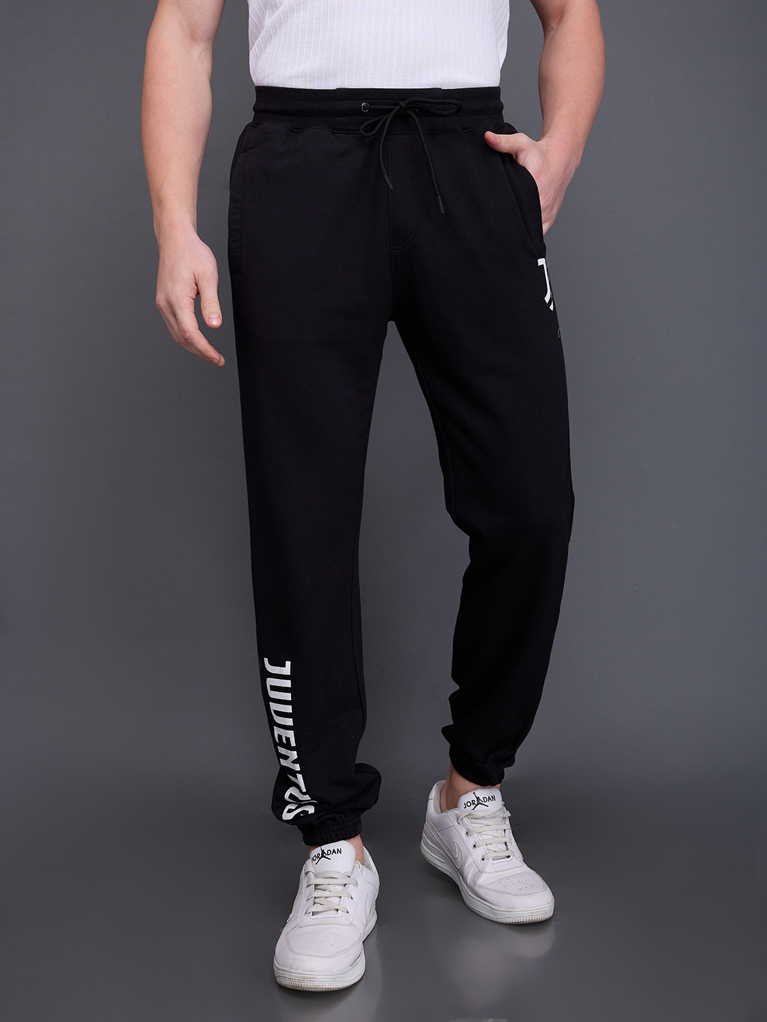 Men Black Printed Typography Mid-Rise Polycotton Joggers 